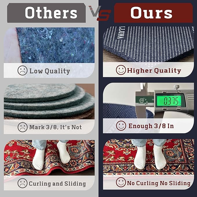 DELLUNA Non-Slip Area Rug Pad 3/8" Thick 8'x11'Double Side Rubber + Felt, Premium Deluxe Cushioned- Safe for All Floors, Adds Comfort and Protection, Ultra Strong Grip, Stop Rug from Moving.