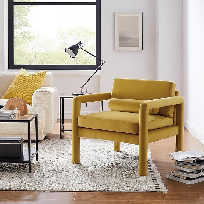 Art Leon Modern Accent Chair, Velvet Upholstered Arm Chair with Pillow, Single Sofa Chair for Living Room Bedroom, Yellow