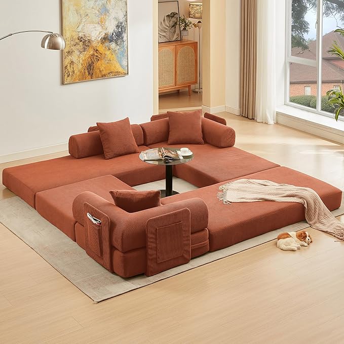 L Shaped Convertible Modular Sofa Bed with Cylindrical Pillow & Reversible Chaise, Corduroy Folding Floor Sofa Couch Bed with Fixed-Shape Frame & Storage Pocket for Living Room, Orange