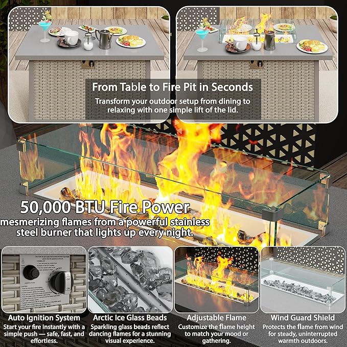 Broivira 7 Piece Patio Furniture Set with 50,000 BTU Rattan Fire Pit Table That Converts to Coffee Table, 9.8" Wide Arm Sectional Sofa with Storage Armrests, Outdoor Rattan Conversation Set, Blue