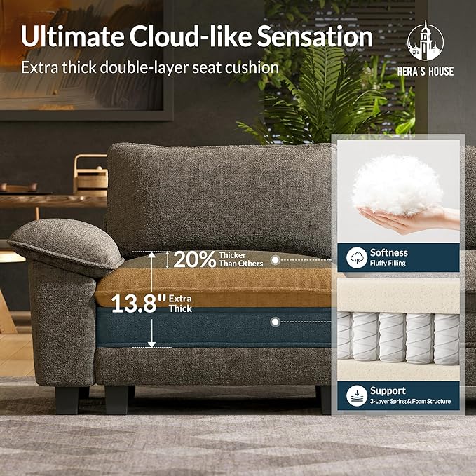 HERA'S HOUSE 88" Modular Sectional Sofa, L Shaped Couches for Living Room, Comfy Cloud Couch with Ottoman, 3-Seater Deep Seat Sofa with Throw Pillow, Chenille Ash