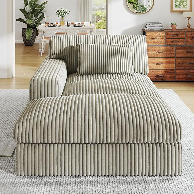 Oversized Chaise Lounge Sofa Chair Indoor，Soft Corduroy Fabric, Boneless sofawith Cushion，A Comfortable, deep-Seated Cloud Sofa for use in The Living Room.(Singler-Left-arm-Gray)