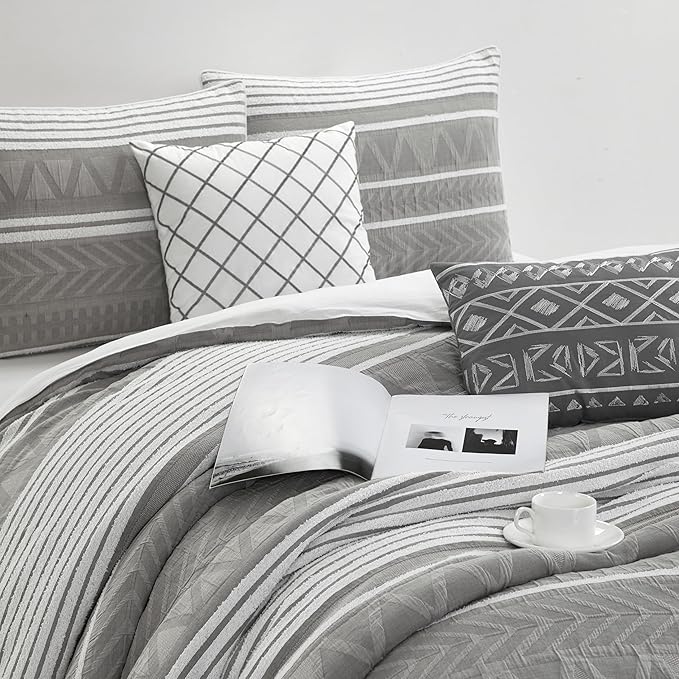 Grand Avenue Cotton King Size Comforter Set, 6 Piece, Grey Geometric Jacquard Bedding Set, Bedskirt, Pillows & Shams, Home Decor