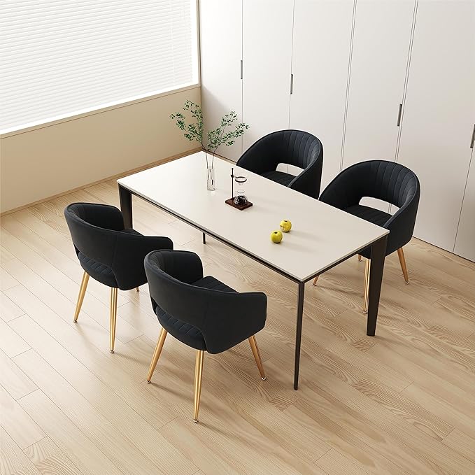 KCC Modern Accent Dining Chairs Set of 6, Upholstered Velvet Dining Room Chairs with Hollow Back, Tufted Kitchen Chairs Side Chairs with Gold Metal Legs for Living Room Restaurant, Black