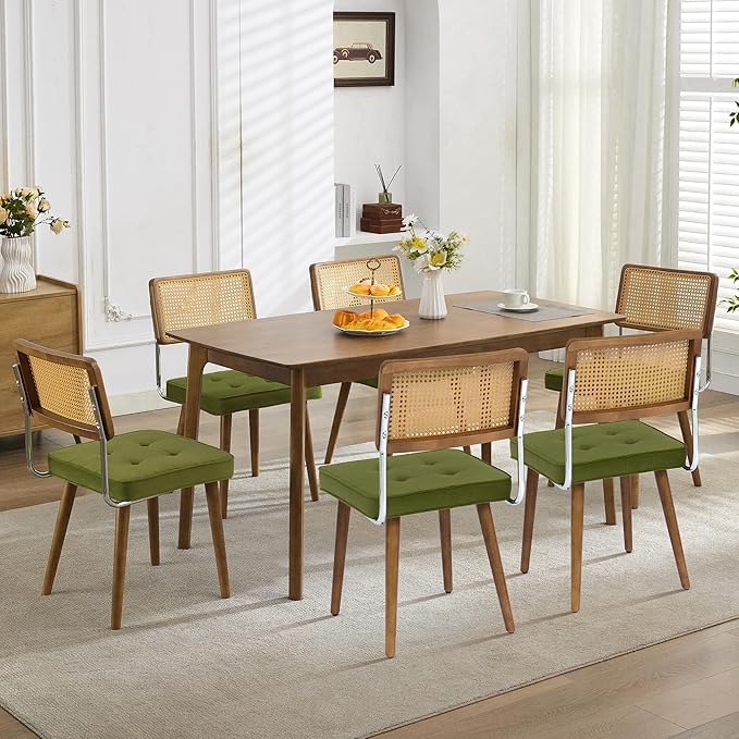 GarveeHome Natural Rattan Dining Chairs Set of 6, Velvet Upholstered Kitchen Chairs with Tall Cane Backrest and Strong Wood Legs for Dining Room, Kitchen, Restaurant, Green