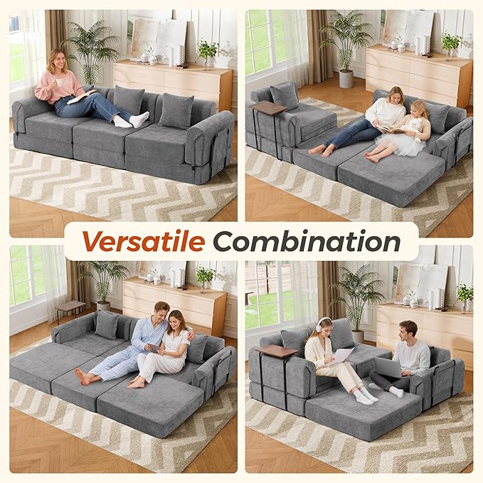 100" Oversized Convertible Sleeper Sofa Bed, Modular Sectional Cloud Sofa with Fixed-Shape Frame & Tabletop, Boneless Couch with Storage Pocket for Living Room, No Assembly Required, Dark Gray