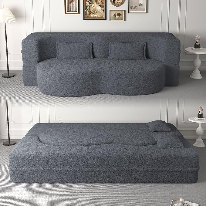 SZLIZCCC 78'' Modern Floor Sofa Bed, Convertible Teddy Fabric Sleeper with 2 Pillows, Modern Teddy Fabric Floor, Foam Folding Mattress for Living Room, Guest Bed, Playroom & Small Spaces (Grey)