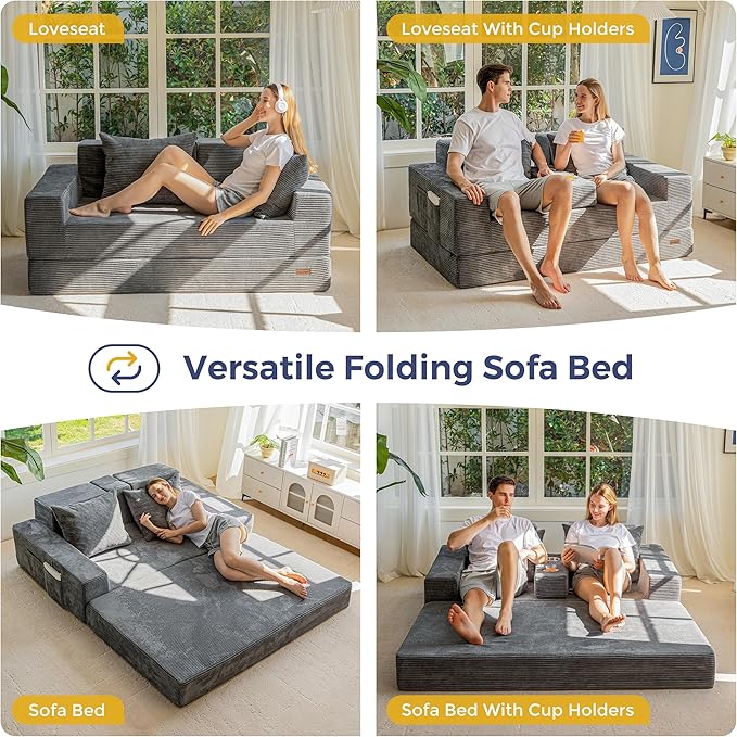 MAXYOYO Loveseat Sofa Bed, 64" Foldable Floor Sofa Couch in A Box with 2 Cup Holders, 4 in 1 Convertible Boneless Couch Folding Recliner Sleeper Chair for Living Room, No Assembly Required, Dark Grey
