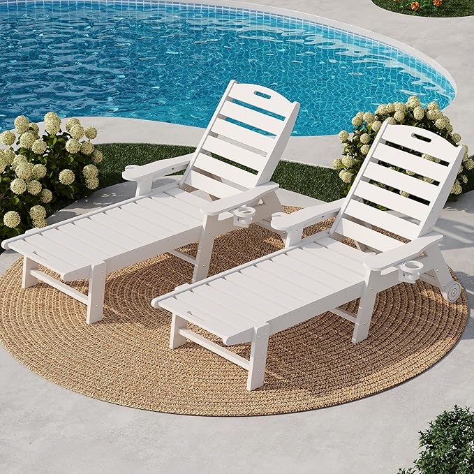 GarveeLife Outdoor HDPE Chaise Lounge with Rolling Wheels, Oversize HDPE 5-Position Pool Lounge Chairs, Pool Lounges Chairs