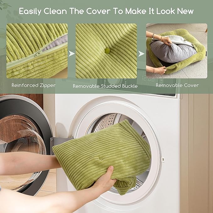 6" Washable Floor Pillow Cushion for Adults, Meditation Cushion Pillow, Large Square Floor Sitting, Removable Tufted Corduroy Cover, for Tatami Living Room or Yoga, 22x22 Inch, Machine Washable