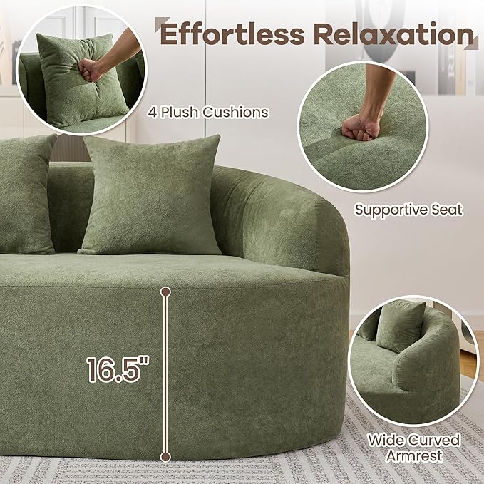 105.5" Boneless Curved Couch, L Shaped 4-Seater Cloud Couch with Deep Seat Chaise, Oversized Curved Sofa, Chenille Modular Sectional Couches for Living Room, No Assembly, Green