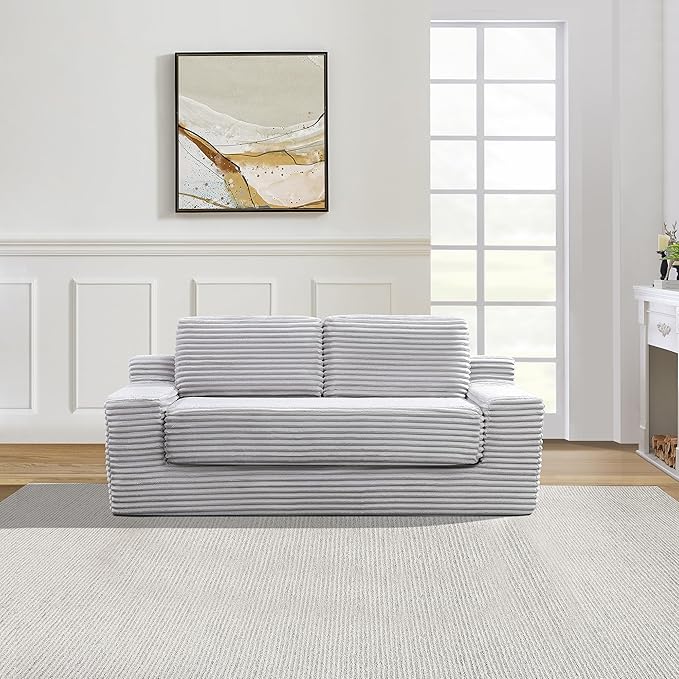 Loveseat Cloud Boneless Couch, Upholstered Floor Sofa with Armrests, 2-in-1 Convertible Corduroy Couch Bed for Living Room, Apartment, Grey