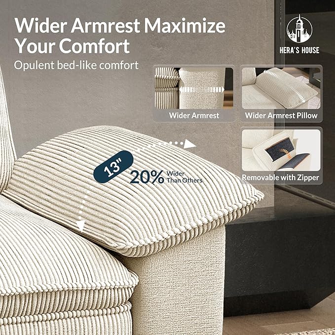 HERA'S HOUSE 124" Modular Sectional Sofa, Oversized L Shaped Couches for Living Room, Comfy Cloud Couch with Ottoman, 4-Seater Deep Seat Sofa with Throw Pillow, Corduroy and Chenille Beige