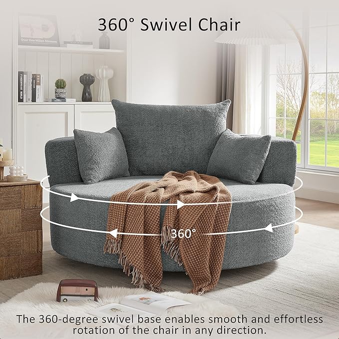 Merax 360° Swivel Chair, Chenille Fabric Accent Barrel Chair, Swivel Round Sofa Chair with 3 Removable Pillows for Living Room, Bedroom, Office and Hotel, Grey