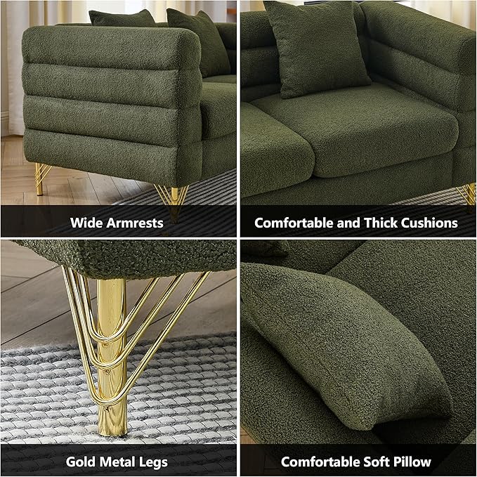 mikibama Luxury Teddy Sofa Set for Living Room, Modern Decor Furniture Sectional Sofa, 3 Seater Couch and Loveseat with 5 Pillows for Apartment, Office, Hall (Green)
