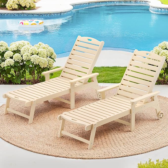 LUE BONA Outdoor Chaise Lounge Chairs Set of 2, HDPS Chaise Lounger, 5 Positions Adjustable Lounge Chairs, Pool Lounge Chair with Wheels for Poolside, Sand