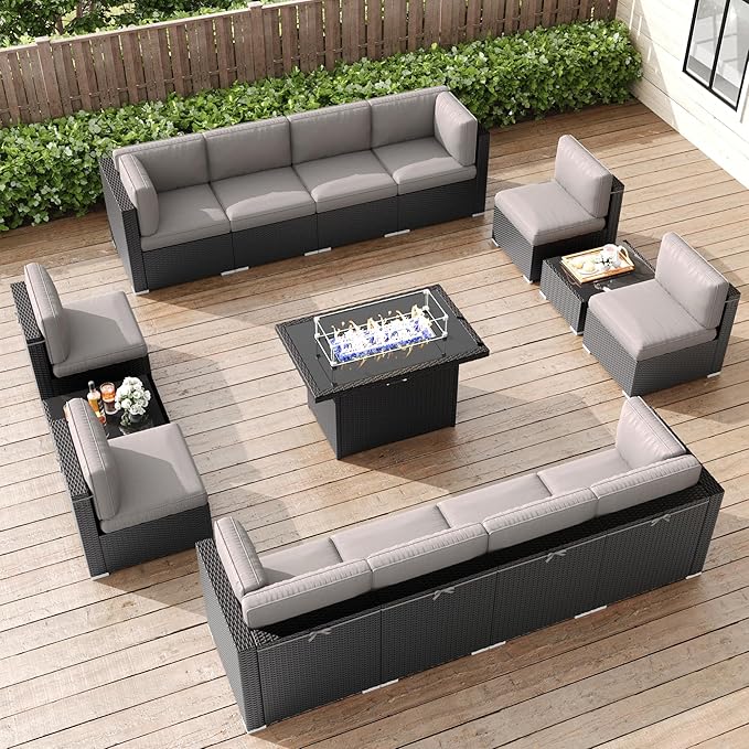 LayinSun 15 Pieces Patio Furniture Set with Fire Pit Table, Black Rattan Modular Sectional Patio Conversation Sofa Set