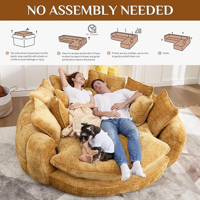 81" Oversized Bean Bag Chair Boneless Round Chaise Lounge Comfy Chenille Reading Chair Fluffy Plush Sofa Bed Large Deep Seat Circle Cloud Couch for Living Room, Bedroom, Apartment, Yellow