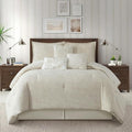 Grand Avenue Beige Cotton Blend Comforter Set, Elegant 7 Piece, Floral Jacquard California King Size Bedding, All Season, Bedskirt, Pillows & Shams, Home Decor