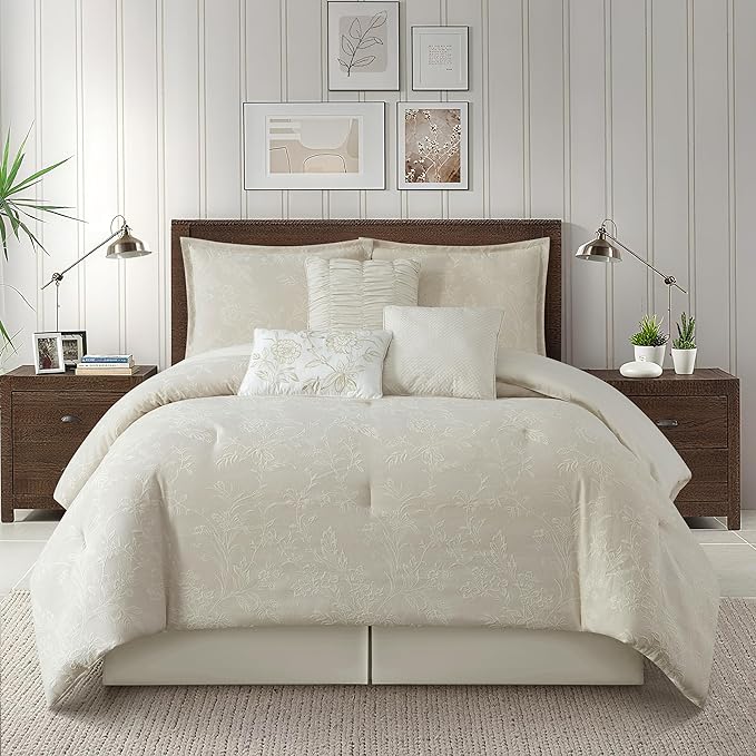 Grand Avenue Beige Cotton Blend Comforter Set, Elegant 7 Piece, Floral Jacquard California King Size Bedding, All Season, Bedskirt, Pillows & Shams, Home Decor