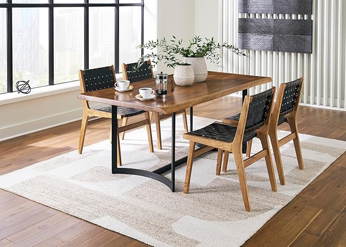 Signature Design by Ashley Fortmaine Modern Upholstered Armless Dining Chair with Open Back and Woven Leather Straps, Set of 2, Light Brown & Black