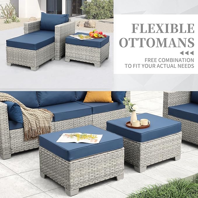 WAROOM Patio Furniture Set 6 Piece Outdoor Patio Set Grey Wicker Balcony Furniture Conversation Sets PE Rattan Couch Sofa with Coffee Table, Blue Cushion