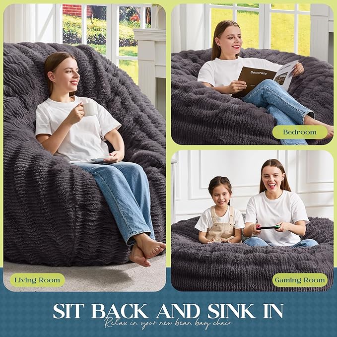 Hobestluk Bean Bag Chairs Beanbag Chair with Filler Adult Bean Bags with Fluffy Ripple Cover, Giant Bean Bag Chairs for Adults (Dark Grey, 5FT - 50" x 50" x 24")
