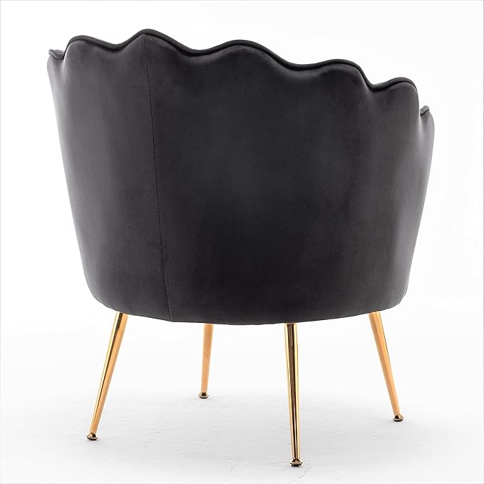 Container Furniture Direct Velvet Barrel Accent Chair with Scalloped Silhouette and Gold Metal Legs, Decorative Piece Suitable for Traditional, Modern, and Contemporary Spaces, Black