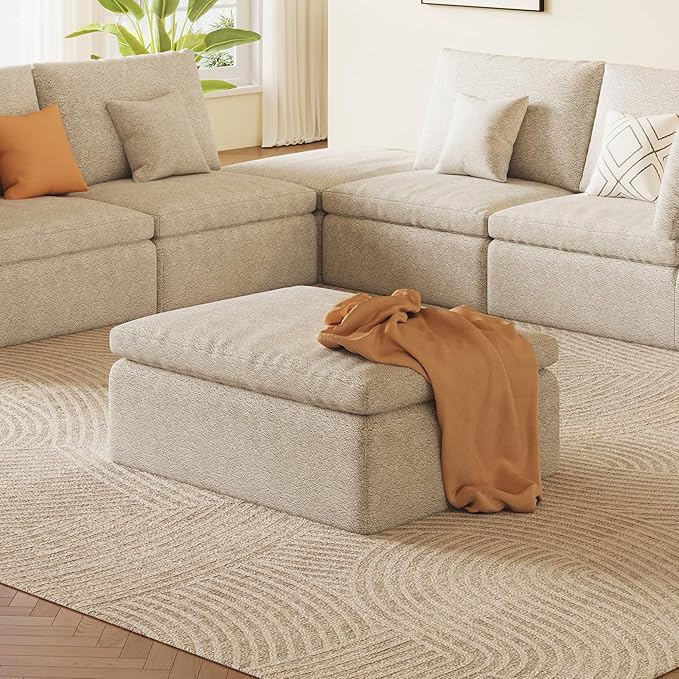 OTSLTSOO 39.4" Oversized Ottoman Foot Rest for Sectional Couch, Movable Cloud Rectangle Ottoman with Memory Foam and Soft Teddy Fleece, Modular Pouf, No Assembly Required, Non-Slip Bottom (Beige)