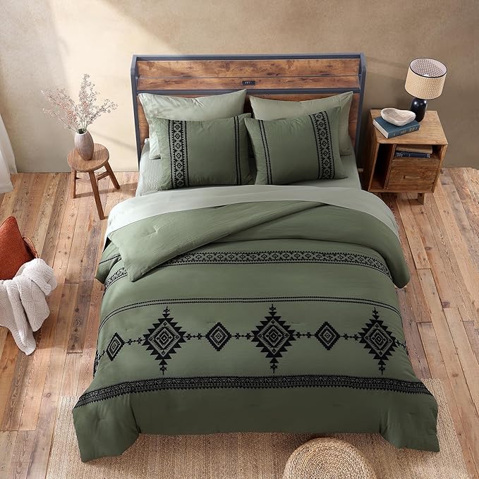MaiRêve Embroidery Comforter Set, Boho Farmhouse Western Bedding Set, All Season Bed in A Bag Comforter Set with Sheets, Pillowcases & Shams, Olive Green Oversized Queen 7 Pieces