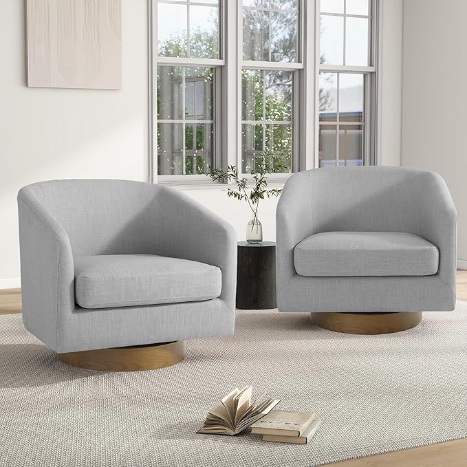 Swivel Barrel Chair, Modern Round PU Leather Accent Armchair for Living Room, Bedroom, Oversized Comfy Club Reading Chairs for Adults (Fabric Light Grey, Set of 1)