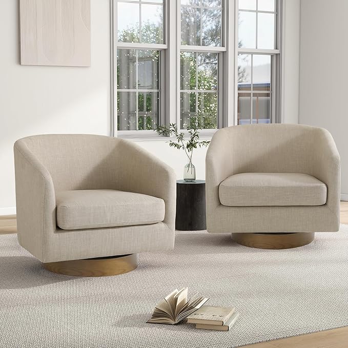 Swivel Barrel Chair, Modern Round PU Leather Accent Armchair for Living Room, Bedroom, Oversized Comfy Club Reading Chairs for Adults (Fabric Light Brown, Set of 2)