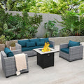 4 Piece Wicker Patio Furniture Sets Outdoor Conversation Set PE Rattan Sectional Sofa Couch with Fire Pit Table and Peacock Blue Cushions