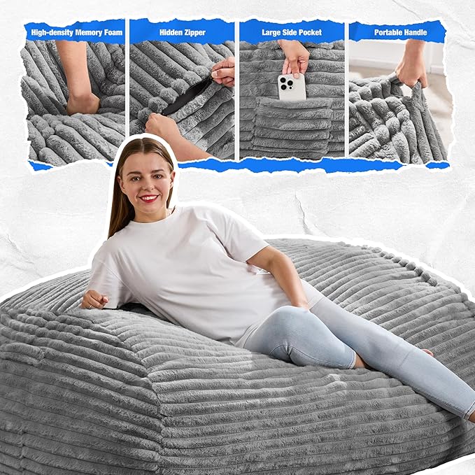 Hobestluk 4FT Bean Bag Chairs Adult Bean Bag with Portable Handle Comfy Large Bean Bag Chair with Removable Cover for Living Room Bedroom or Reading Nook (Stripe Grey, 4FT)