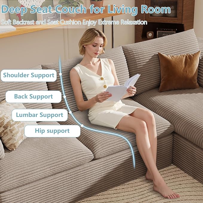 136" Cloud Sectional Couch with L-Shape Chaise, Corduroy Viral Boneless Sofa for Living Room,Modern Memory Foam Couches in a Box with Deep Seat,No Assembly Required (Camel,Right-Facing Chaise)