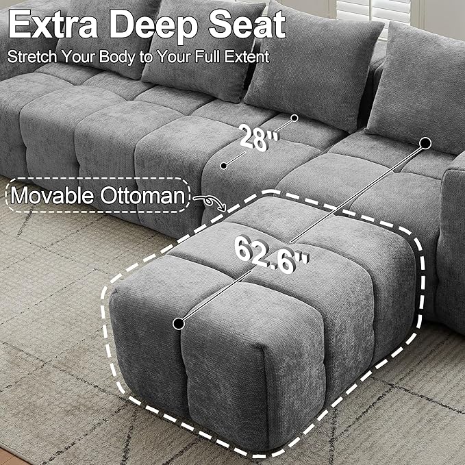 119" Boneless Couch, Cloud Sectional Couch with Deep Seat, High-Density Memory Foam and Chaise, Sectional L Shaped Sofa, Boneless Couches for Living Room, Tufted Sofa No Assembly Needed, Light Grey