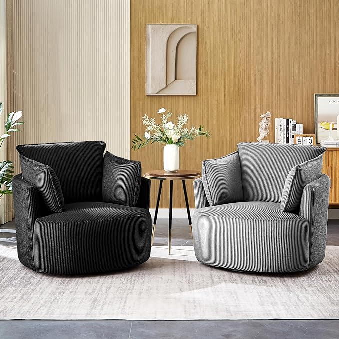 Chorlenimi Swivel Accent Chair Round Barrel Armchair Upholstered Living Room Chair Corduroy Reading Chair Single Sofa Chair for Bedroom Apartment Office (Grey, Standard 1Seater)