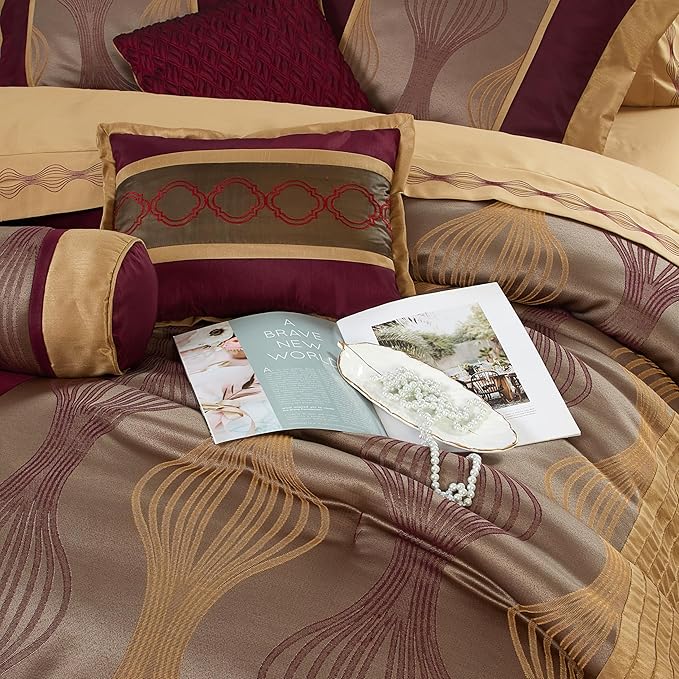 Grand Avenue Elegant Wine Gold 7 Pieces Lightweight Microfiber Bed-in-a-Bag Comforter Bedding Set All Season, Striped, Jacquard Queen Comforter Set, All Season Bedroom Home Décor