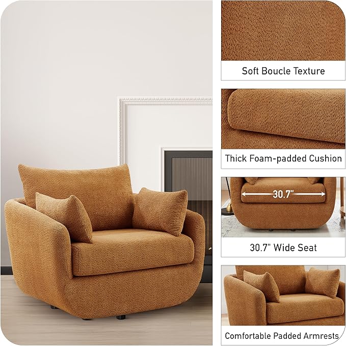 UNUQLIVCO 360° Swivel Accent Armchair, 39.3" Oversized, Sherpa Boucle Fabric Sofa Chair with Removable Back & Arm Pillows, Swivel Chair with Cozy Soft Padded (1, Curry)