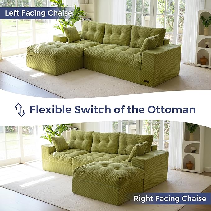 MAXYOYO 104" L Shaped Modular Sectional Sofa with Ottoman, Cloud Boneless Couch with Layered Cushion, Upholstered Sofa in a Box, Flexible Module Combination for Living Room, No Assembly, Green