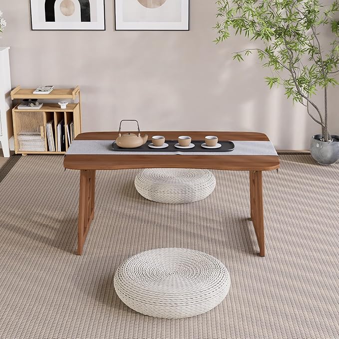 Japanese Bamboo Folding Floor Table for Sitting on Floor, Tatami Table Foldable, No Assembly, Low Tables for Small Spaces Living Room/Portable Zen Chabudai for Meditation - Walnut