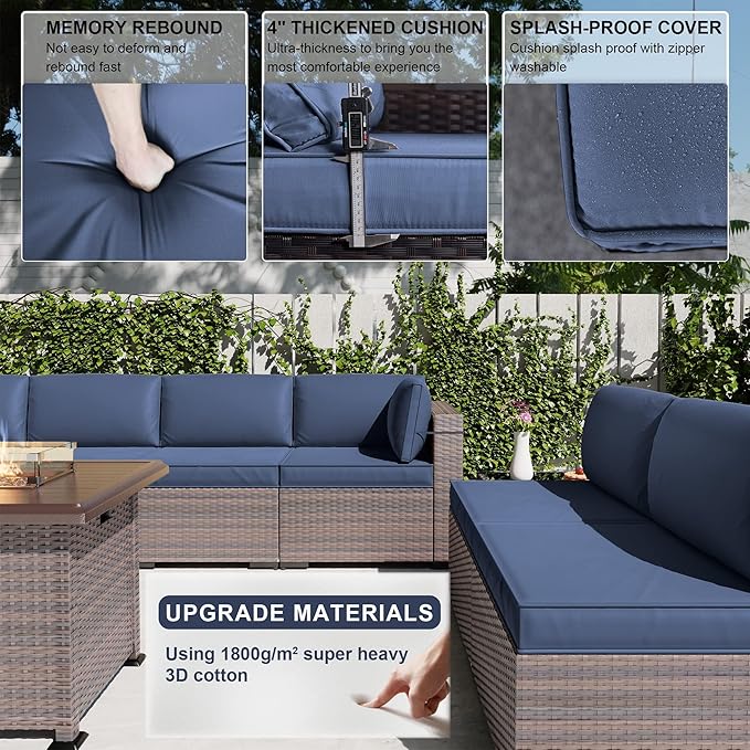 Kullavik 10 Pcs Outdoor Patio Furniture Set with 43" Gas Propane Fire Pit Table PE Wicker Rattan Sectional Sofa Patio Conversation Sets,Navy Blue