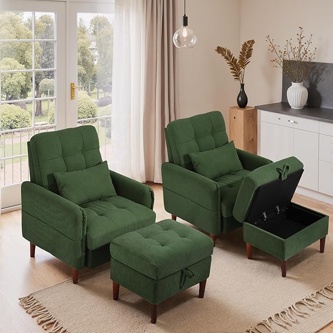 Lumibee Accent Chair with Storage Ottoman, Upholstered Comfy Reading Chair with Adjustable Reclining Backrest, Corduroy Fabric Lounge Chair Armchair for Living Room Bedroom, Green