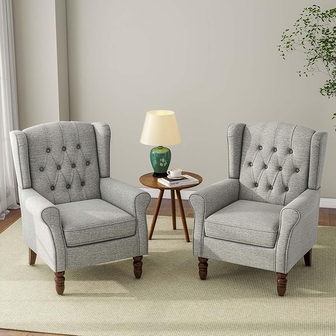 DREAMSIDEA Accent Chair, Upholstered Armchair with Button Tufted High Back & Solid Wood Legs, Comfy Wingback Reading Single Sofa Chair for Small Spaces, Living Room, Bedroom (Light Grey, Set of 2)