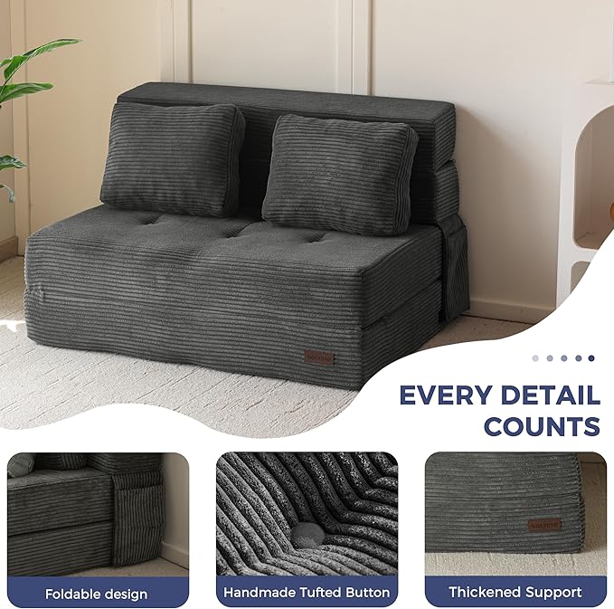 MAXYOYO Convertible Sofa Bed, Fold Out Loveseat Sleeper Sofa with Pillow, 4 in 1 Tufted Folding Couch Bed Foam Floor Couch, Lazy Chair for Living Room Bedroom Guest Room, Dark Grey