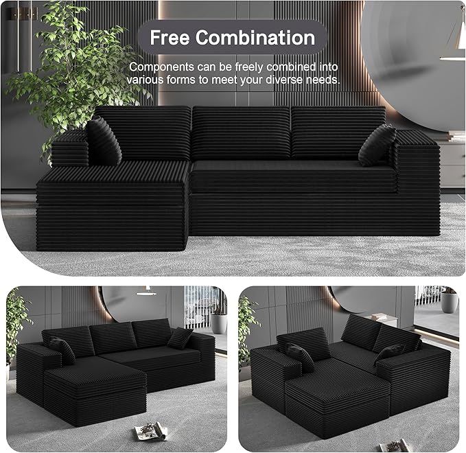 luckyvo 108-inch Boneless Couch for Living Room，Comfy Boneless Sofa with Deep Seats & Chaise Lounge, 3-Seat Modular Sofa Memory Foam Sectional Couches - No Assembly Required(Dark Black)