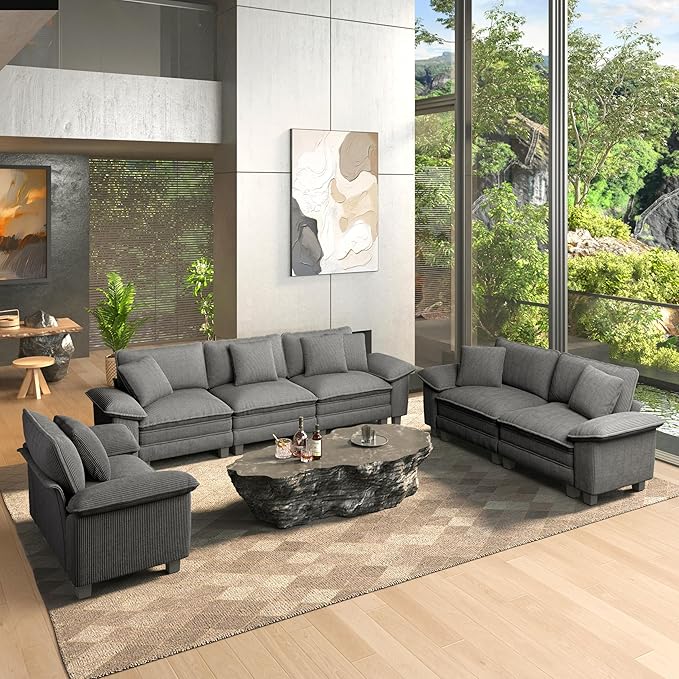 HERA'S HOUSE 3 Pieces Modular Sectional Sofa Sets, Oversized Couch Set with Loveseats and Armchair, Comfy Cloud Couches with Throw Pillows, 6-Seater Deep Seat Sofa for Living Room, Corduroy Grey