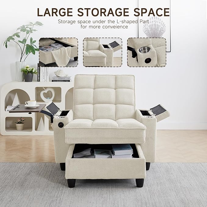 41.7" Oversized Chaise Lounge Chair Indoor, Boucle Upholstered Sofa Bed with Adjustable Backrest, Deep Seat Reading Chair, Sofas Couches for Living Room, Storage, Cup Holders & 360° Swivel Side Table
