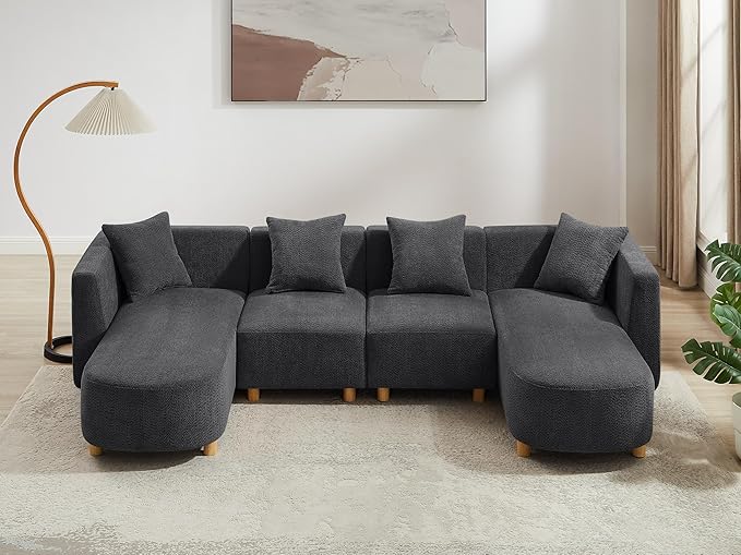 VANOMi 113" Sectional Sofa with 4 Pillows, U-Shaped 4-Seater Comfy Boucle Cloud Couch, Modern Double Chaises Lounge Sofas for Living Room, Office, Apartment (Dark Gray-U)