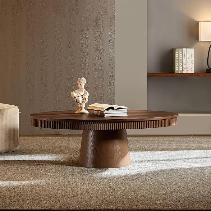 Coffee Table Modern Oval Wood Coffee Tables Mid Century Center Fluted Farmhouse Drum Tea Boho Wooden for Living Room Apartment Home Office Walnut 47.24" W x 26.77" D x 15.86" H